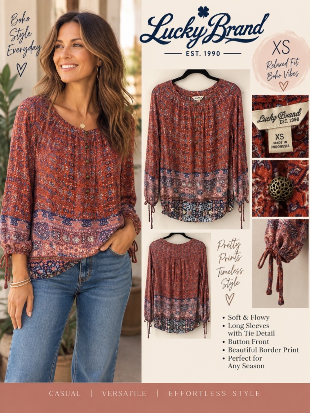 Lucky Brand XS Boho Paisley Border Print Blouse